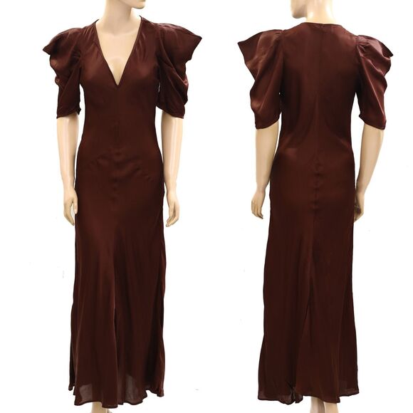 The Great Brown Long Maxi Dress Short Puff Sleeve Ruffle Festive S-1 NWD 278045 - Picture 6 of 7
